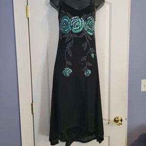Never worn!! Black special occasion dress with turquoise sequin flower applique